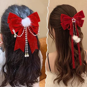 Vianočné Luk Sponky Do Vlasov Dlhé Pásiky Červená Hairgrips Veľké Bowknot Lesklé Velúrové Sponky Do Vlasov Nový Rok Velvet Pompom Hairball Barrettes