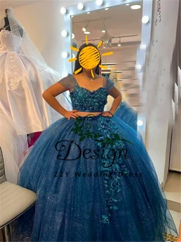 Vynikajúce Spp Rukávmi Lopatka Modrá 3D Kvety Appliques Organza Tylu plesové Šaty na Zákazku vestido de 15 anos quinceanera Šaty