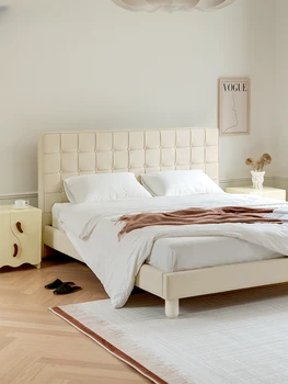 Retro kožené čalúnené postele, všetky masívneho dreva, bezpečné a šetrné k životnému prostrediu, francúzsky krém štýl spálňa posteľ