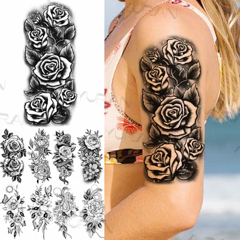 Čierne Ruže Kvet Dočasné Tetovanie Pre Ženy Realistické Had Motýľ Flóry Falošné Tetovanie Nálepky Rameno Telo Vodotesný Tatoos