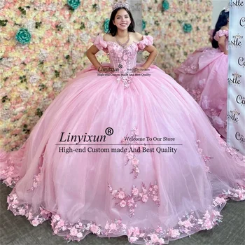 Ružová Mimo Ramenný Quinceanera Šaty 3D Kvety Mexickej Vestidos De 15 Formálne Elegent Princezná Čipky Narodeniny Sweet 16 Šaty