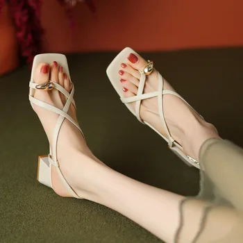 Úzke Pásmo Sandále Pracky Popruhu Zapatos Para Mujeres Kovové Tlačidlo Dámske Topánky Triedy Sapatos Feminino Stručné Lady Sandalias