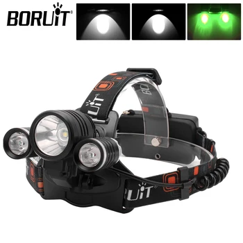 BORUiT Ultra Výkonné LED Svetlomet 18650 USB Nabíjateľné Hlavu Baterka Nepremokavé Práce Rybárske Svetlomet Camping Zelené Svetlo