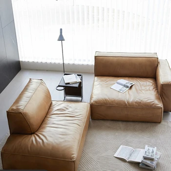 Urban kožený retro tofu blok gauč, taliansky minimalistický modul zmes, tri osoba svetlo luxusné moderné kožené umenie gauč