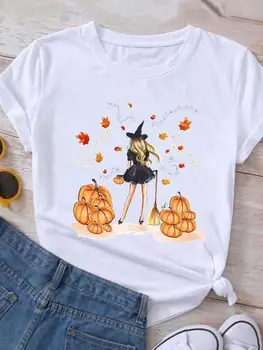 T-tričko Tlač Oblečenie Jeseň Jeseň T Shirt Ženy Halloween Čarodejnice Tekvica Sladké Vďakyvzdania Žena Grafické vrchné Oblečenie Čaj