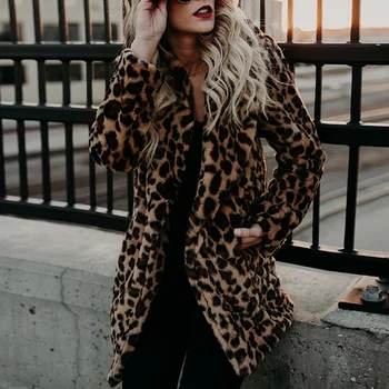 Zimné Hrubé Teplé Módne Dlhý Rukáv Vrchné Oblečenie Umelé Kožušiny Bunda Plyšové Oblečenie, Luxusné Leopard Tlač Umelú Kožušinu Kabát Ženy