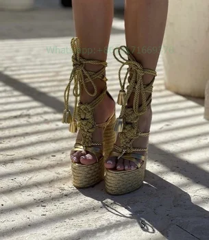 Kliny Strappy Platformu Sexy Gladiator Sandále Ženy Väzbe Robustný Vysokým Podpätkom Čipky Sandále Luxusné Zrastov Klubu Lady Dizajn Topánky