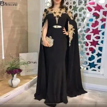 Black Marocký Kaftan Večerné Šaty s Čipkou Appliques 3D Kvety Satin Ženy arabské Moslimské Zvláštne Príležitosti Formálnej Strany Šaty