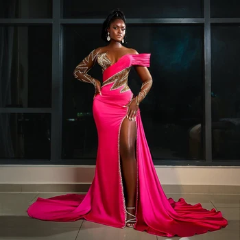 Jedinečný Korálkové Dizajn Hot Pink Prom Šaty Afriky Úplnej Rukávy Štrbinou Svadobné Party Šaty Päť-špicaté Hviezdy Aso Ebi Formálne Šaty