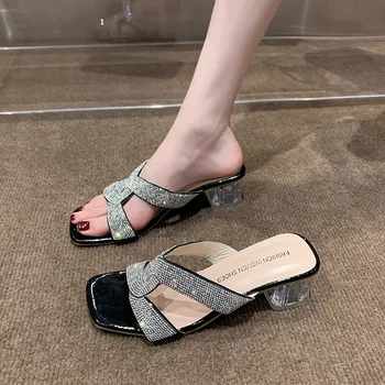 Crystal Luxusné Vysoké Podpätky Ženy Papuče Flip Flops Topánky Letné Robustný Sandále 2024 Designer Šaty Listov Mujer Čerpadlá Zapatos