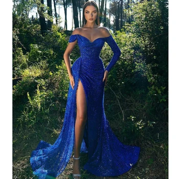 2024 Elegantné Ženy Kráľovská Modrá Sequin Morská víla Večerné Šaty s Dlhým Rukávom High Štrbinou Sexy Prom Šaty Pre Strany vestidos de noche