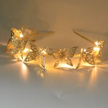 1pcs LED Svetlo, Ženy, Dievča, Tiara Butterfly Princezná Korunu Zlatú Čelenku Kostým Ples Svadobné Narodeninovej Party Vianočné navidad