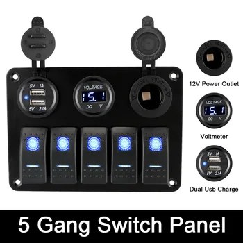 12/24V Výstup Kombinácii S Poistka Vodotesný Digitálny Napätie 5 Gang LED Kolískový Spínač Panel Dual USB Slot Zásuvky