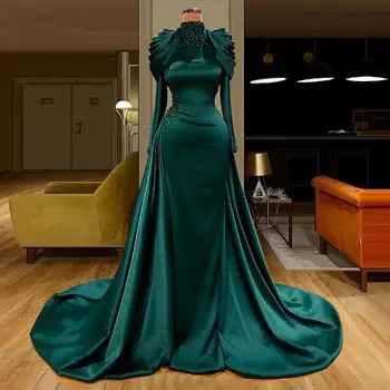 Tmavo Zelená Satin Večerné Šaty Ruched Vysoká Krku Korálkové Dlhé Rukávy Formálnej Strany Skromné Šaty Elegantné Moslimských Celebrity Šaty