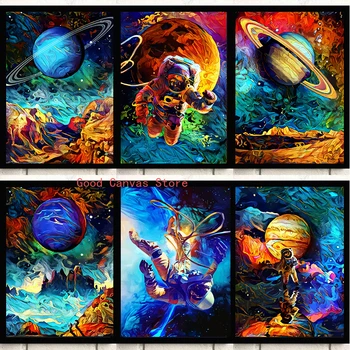 Akvarel Priestor Krajiny Plátno, Maľovanie na Mars Zemi Saturn Plagáty a Vytlačí Abstraktné Wall Art Obrázky pre Miestnosti Domova
