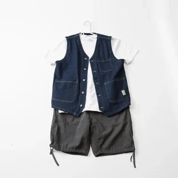 Imitácia Kendo Handričkou Ananás Zrno Textúru Navy Japonsko Multi Pocket Vest pánske Singel svojim tvaru Voľné Kabát Retro