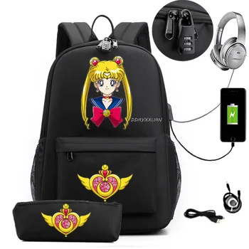 Sailor Moon Školy Laptop Backpack Školské Tašky USB Nabíjanie pre Dospievajúcich Chlapcov Študent Dievčatá Tašky Cestovné Mochila