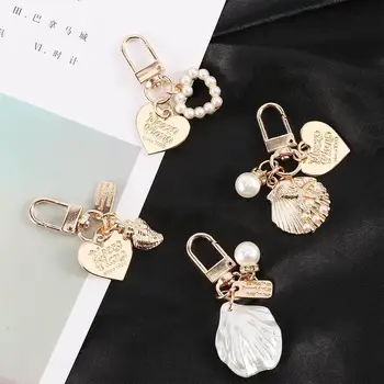 Kórejský Roztomilý Módne Zlatá Farba Pearl Shell Conch Key Príslušenstvo Srdce Krúžok Taška Prívesok Charms