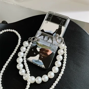 Umelecké Čierna Mačka, Ilustrované Pearl Reťazca Telefón puzdro pre Samsung Galaxy Z Flip 4 3 Pevný Kryt pre ZFlip3 Zflip4 Shell Držiak