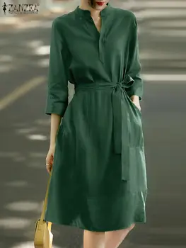 2023 ZANZEA Zelená Elegantné Tričko Šaty Žien Bežné Long Sleeve Stand Krku Sundress Dovolenku Strany Vestido Voľné Midi Župan Kaftan