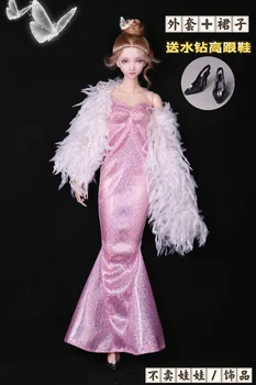 Oblečenie set / bling ružové šaty + pierko šatka + topánky / 30 cm bábiku šaty, oblečenie, oblečenie Pre 1/6 Xinyi FR ST PP Bábika Barbie