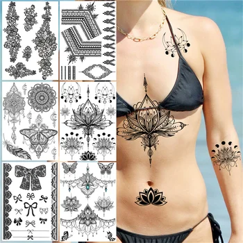 Black Lotus Henna Dočasné Tetovanie Pre Ženy, Dievčatá Mandala Kvet Tetovanie Nálepky Falošné Motýľ Tribal Luk Sexy Tatoos Dospelých