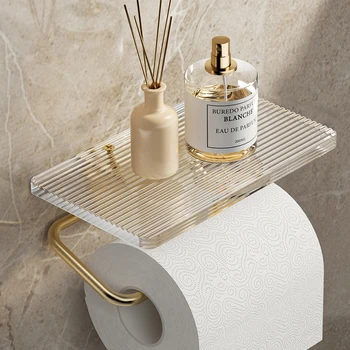 Toaletný Papier Držiak s Polica - Wall Mount Kúpeľňa Paper Roll Držiteľ Povrch Akryl & Hliníkové Wc Tkaniva Držiteľ Zlata