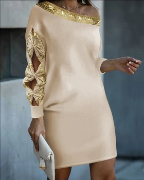 Dámske Šaty 2023 Jar Kontrast Sequin Bowknot Dizajn Bežné Šaty, Sexy Lomka Krku Rovné Šaty Elegantné Krátke Šaty