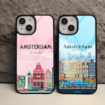 Amsterdam City Plagát Telefón puzdro Pre Iphone 15 Pro Max 14 12 11 13 Mini 6 8 7 Plus X Xs XR PC+TPU Dizajn Zadného Krytu