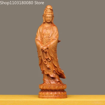 Útesu cypress Krušpán drevorezbárstvo stojí lotus recitovať korálky Guanyin sochu budhu Čínsky Šťastie socha bohyne