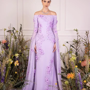 Dubaj Arabčina Luxusné Lavender Morská Víla Korálkové Kvet Večerné Šaty Dlhé Rukávy Šiat Pre Ženy, Svadobné Party 2024