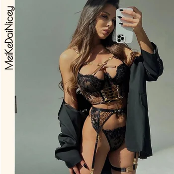MeiKeDai Leopard Sexy Lingerie Set Fantázie Pornografický Bielizeň, Ktoré Nájdete V Téme Je Možné Čipky Intímne Set 4-Kus Bez Cenzúry Podväzok Oblečenie