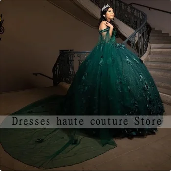 Luxusné Smaragdovo Zelenej Čipky Quinceanera Šaty plesové Šaty, 2023 S Korálkami 3D Kvet Narodeninovej Party Šaty Vestido De 15 Anos