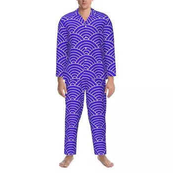Pyžamo Muž Japonský Seigaiha Vlna Denný Odev Modrá Dva Kúsok Vintage Pajama Nastaviť Long-Sleeve Krásne Nadrozmerná Domov Oblek