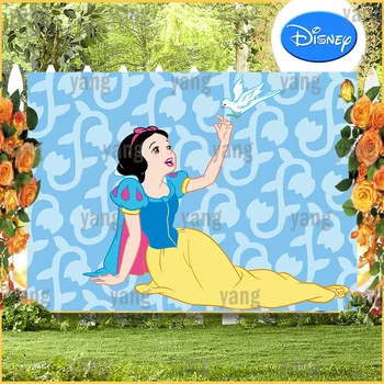 Vlastné Cartoon Disney Krásne Snow White Princezná Roztomilé Biele Holubice, Modré Pozadie Narodeniny, Party Dekorácie Fotografia V Pozadí