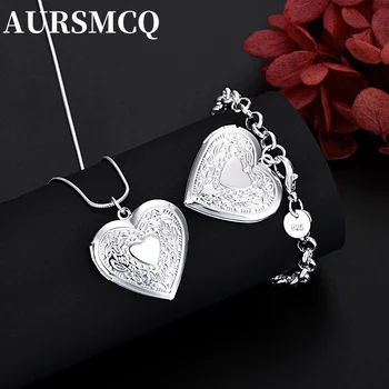 AURSMCQ rýdzeho striebra 925 v tvare srdca, rám obrazu, náramok, náhrdelník Milujú ženy 45 CM-60 CM boutique svadobné šperky set