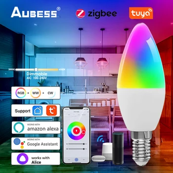 TUYA Zigbee Smart Európskej Lightbulb E14 RGB+SCS 100-240V 5W Stmievateľné LED Žiarovky Ovládanie Hlasom Alexa GoogleHome Yandex Alice
