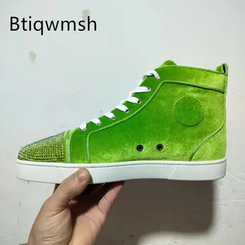 Zelená Luxusné Velvet Tenisky Muž Namieril Prst Drahokamu Husto Bytov Mužskej Módy Loafer Topánky