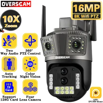 16MP 8K 10X Zoom Vonkajšie WIFI Kamera 4 Objektív 360 stupňový Výhľad Nepremokavé Sledovať Alarm WIFI Bezdrôtové Home Security PTZ WIFI Kamery