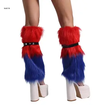X7YA Ženy JK Vintage Colorblock Chlpaté Nohy Teplejšie Zimné Fuzzy Podväzkový Pás Boot Putá