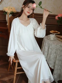 Ženy Jar Jeseň Dlhý Rukáv Vintage Viktoriánskej Nightgowns Nightdress Bavlna Volánikmi Víla Pyžamo Francúzska Princezná Sleepwear