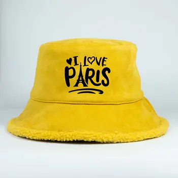 Milujem Paríž Reverzibilné Zimné Bob Dospelých Jeseň Teplé Faux Suede Vedierko Hat Unisex Denná Tlač Umelé Vlny Panamský Klobúk