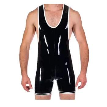 Latex Remienky 100% Gumy Rubber Mužov Plávanie Jumpsuit Oblek so zadným Rozkroku Zip Strán Čierna s Bielym Cosplay Kostým