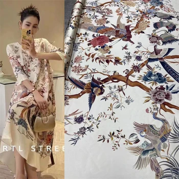 Európa a Amerika Veľké Značky Chinoiserie Populárnej Vták Tlač Keper Hodvábna Tkanina DIY Šaty Polohy High-end Luxusný Textílie Satin