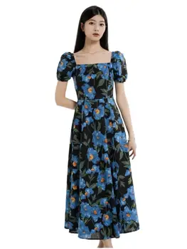 Nové Letné Oblečenie pre Ženy Fashion Square Krku Bublina Rukáv A-line Vysoký Pás Šaty Bavlna Blue Print Šaty Žena Plážové Šaty