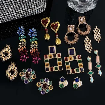 Freetry Vintage Geometrické Farebné Crystal Drop Náušnice pre Ženy Osobnosti Kvet Srdce Zlatá Farba Náušnice Strany Šperky
