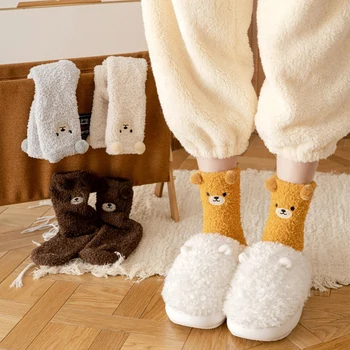 Zimné Roztomilý Kreslený Medveď Coral Fleece Ženy Ponožky Žena Jeseň Radi, Fuzzy Zábavné Ponožky Pre Dievča Teplé Zimné Ženských Domov Ponožky