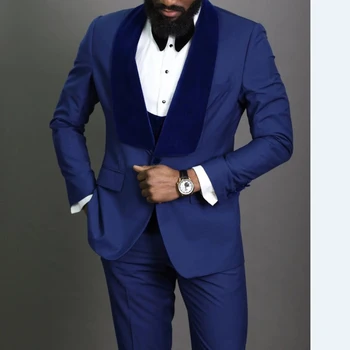 Kráľovská Modrá Ženícha Tuxedos pre Svadbu s Velvet Šatkou Klope Slim Fit Formálne Muži Obleky 3 Kusy Bunda, Nohavice, Vesta Afriky Móda