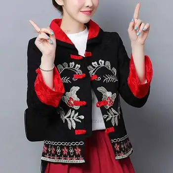 2024 čínsky vintage kabát orientálna etnických stojan golier kabáta tradičné kvetinové výšivky bavlnená posteľná bielizeň bunda zlepšila srsť