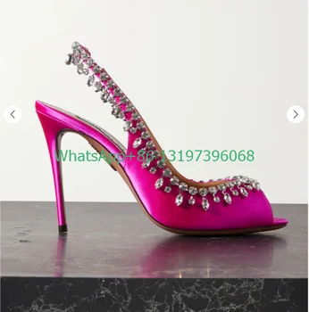 Lady hot pink crystal-ozdobené saténovým slingback sandále fuchsia peeptoe bling vysoké podpätky strany banquet elegantné šaty čerpadlá 46